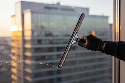 Fensterreinigung mit Abzieher an einer Glasscheibe